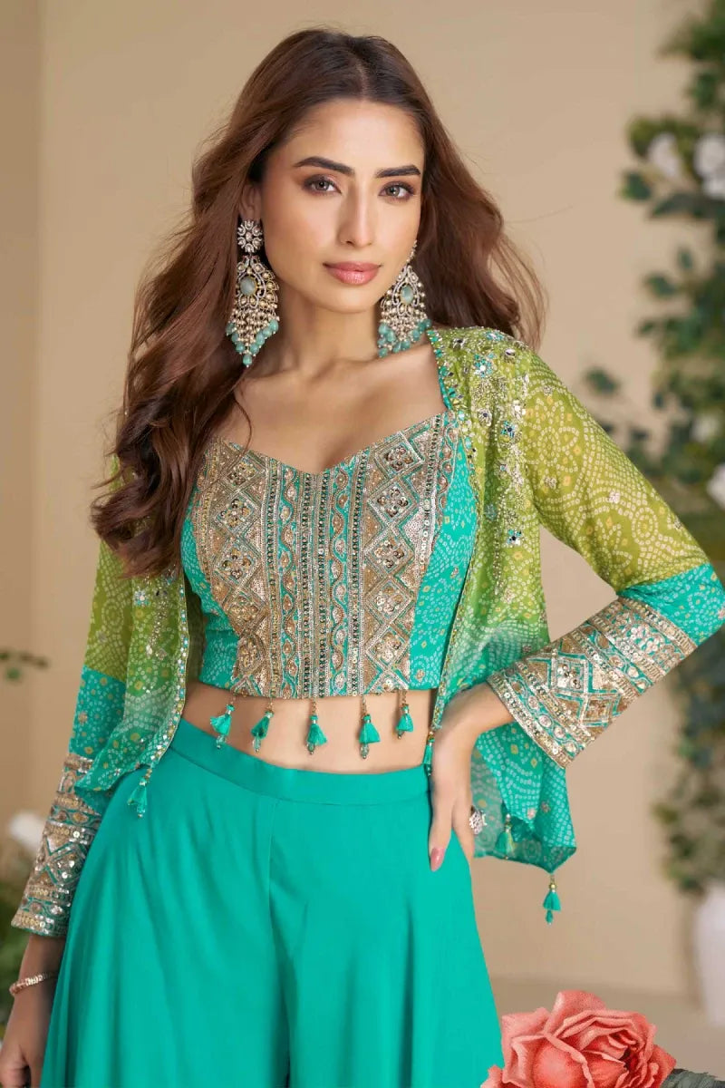 Blue Chinnon Silk Blouse with Blue & Green Jacket and Georgette Palazzo