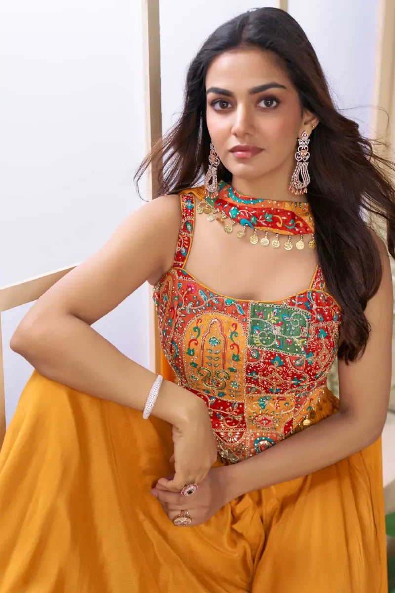 Multicolor Chinnon Silk Blouse with Orange Dupatta and Georgette Palazzo