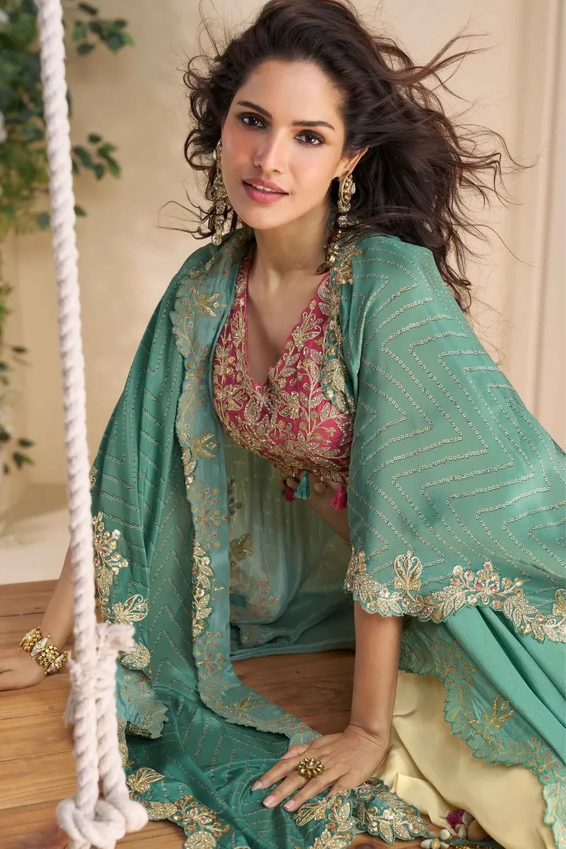 Rani Pink Chinnon Silk Blouse with Cream Dhoti & Sea Green Embroidered Jacket