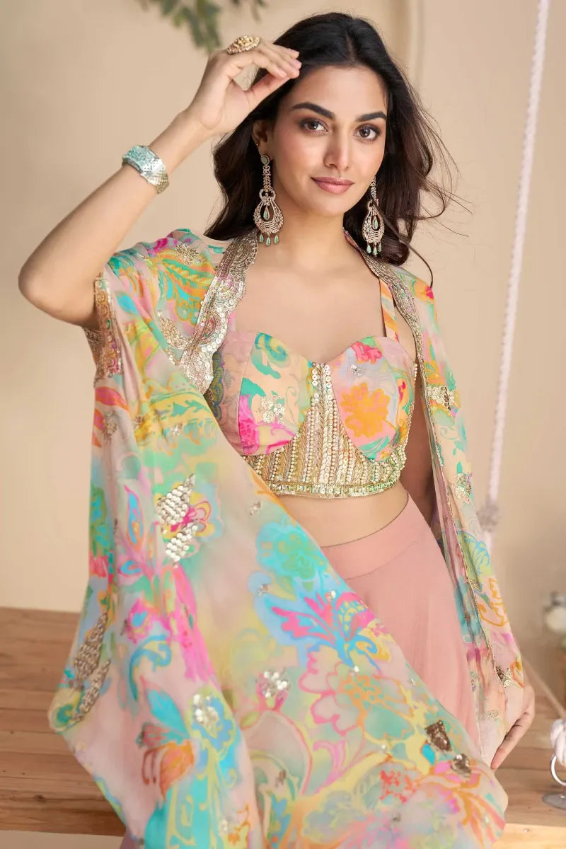 Multicolor Printed & Embroidered Jacket with Pink Palazzo and Chinnon Silk Blouse