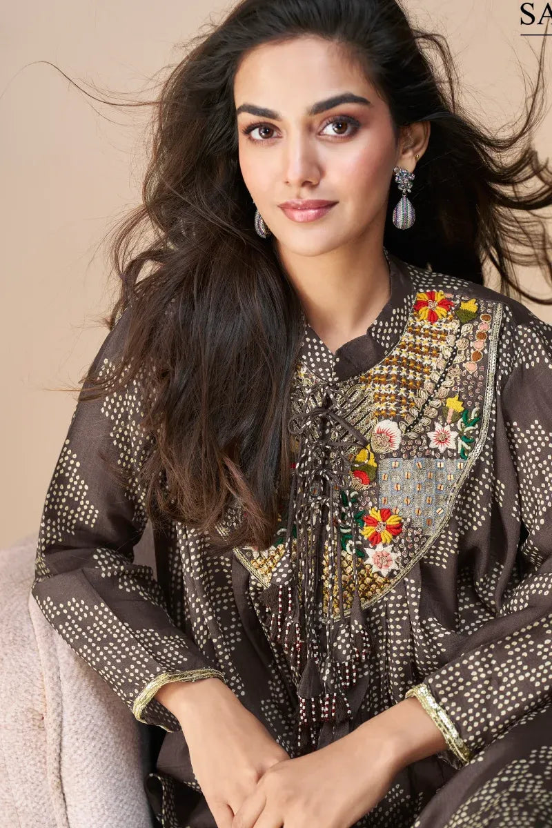 Brown Poncho Style Chinon Silk Palazzo Suit with Embroidery
