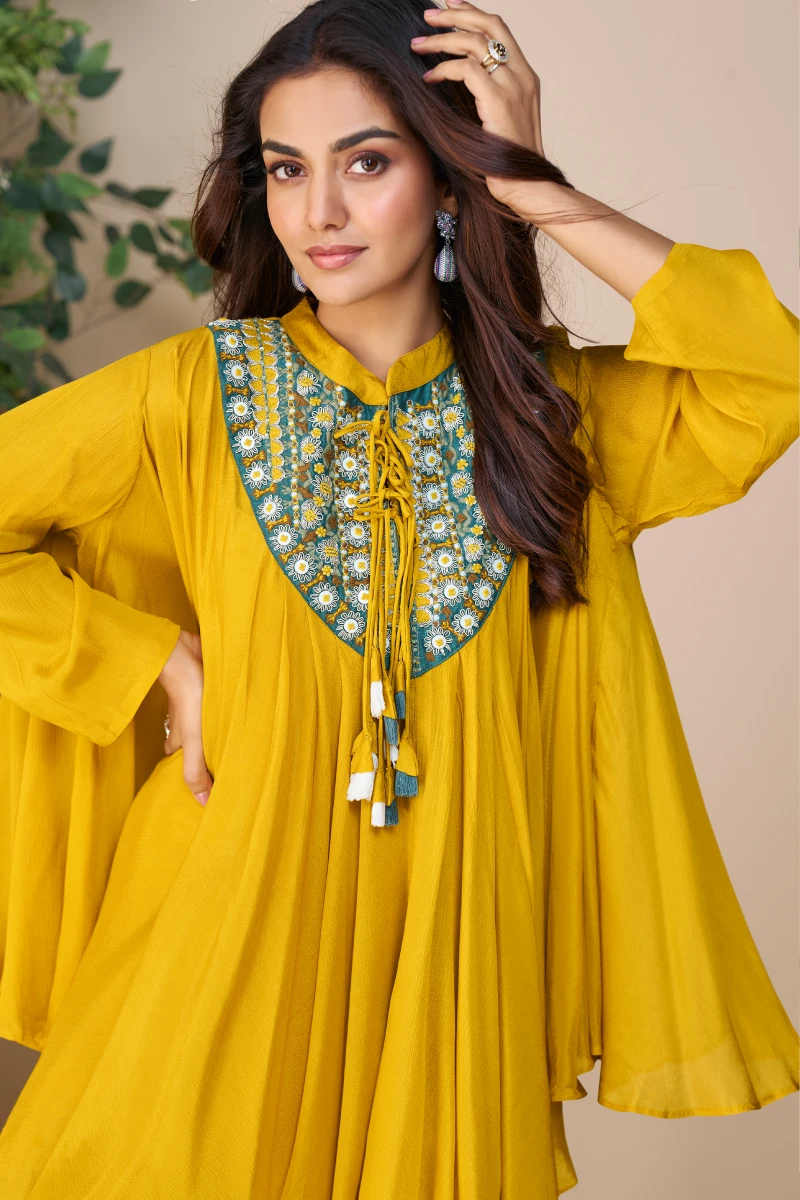 Yellow Embroidered Chinon Silk Palazzo Set in Poncho Style