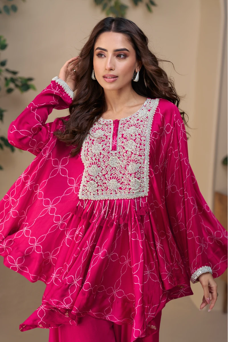 Rani Pink Poncho Style Chinon Silk Palazzo Suit with Embroidery