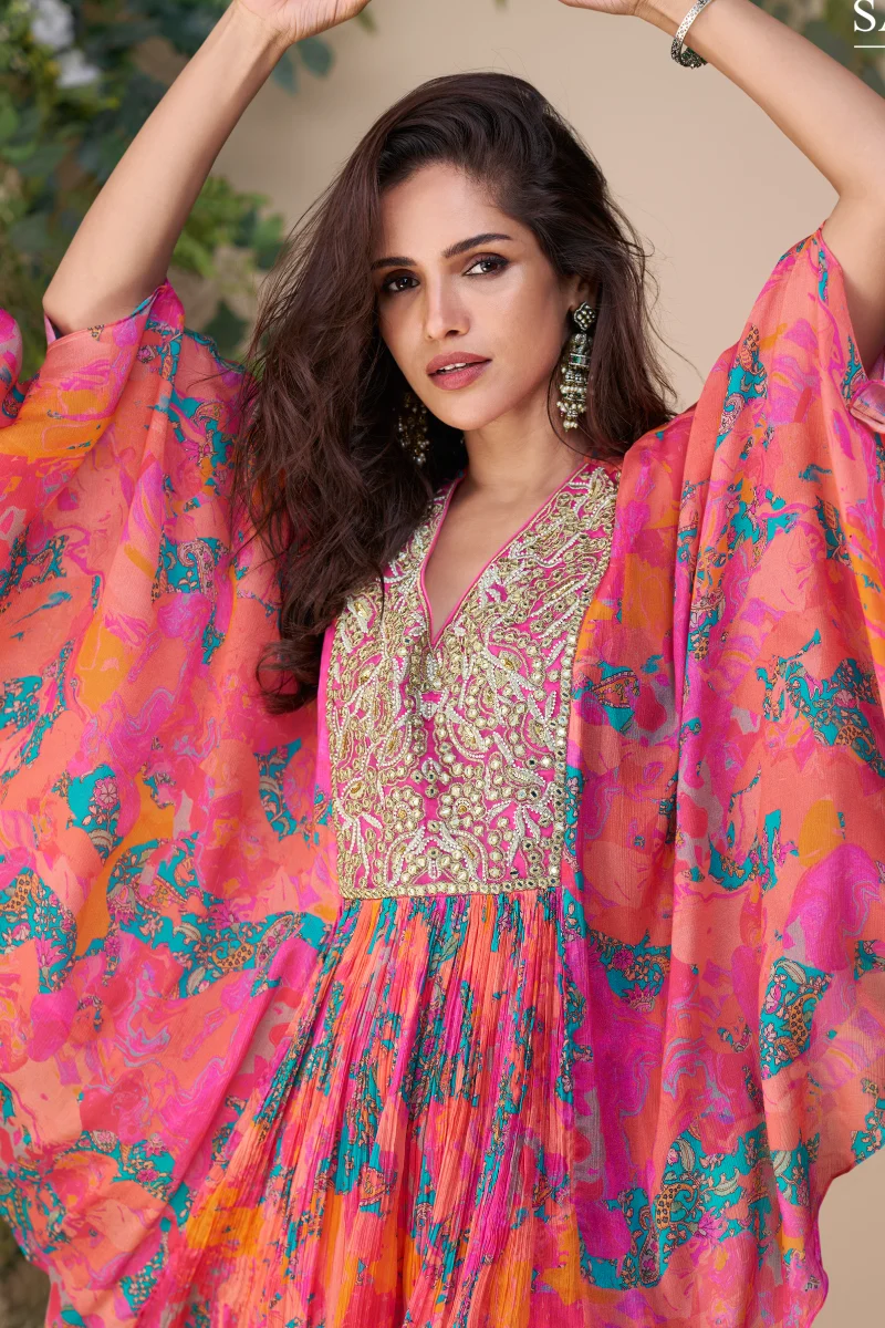 Pink Kaftan Style Chinon Silk Sharara Set with Embroidery