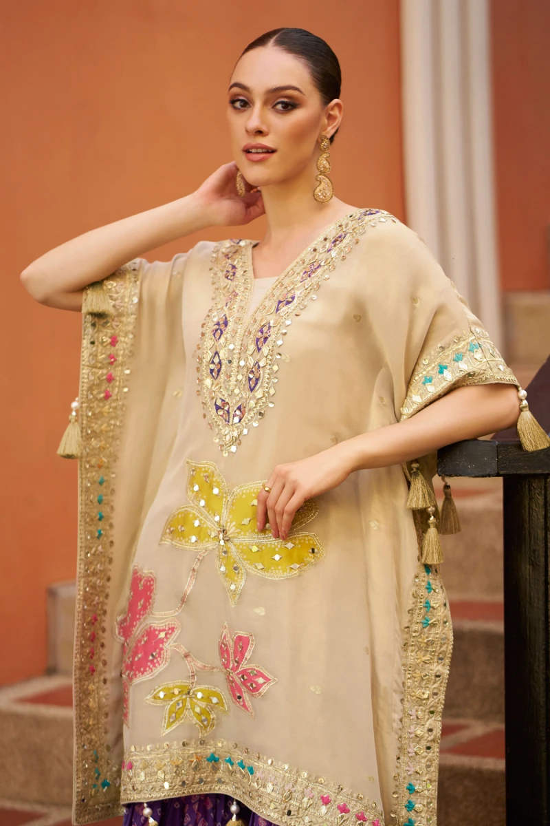 Cream & Blue Chinnon Silk Kaftan Gharara Set with Embroidery