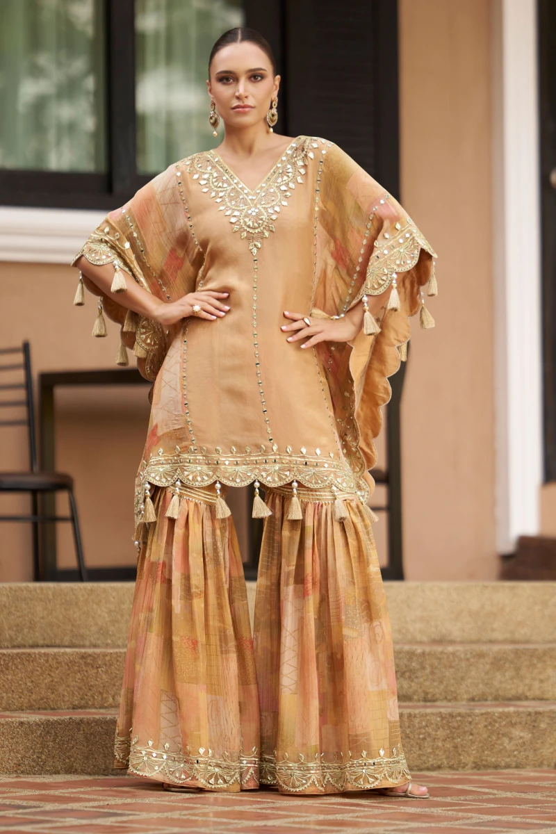 Light Brown Chinnon Silk Kaftan Gharara Set with Embroidery