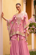 Pink Chinnon Silk Kaftan Gharara Set with Embellished Detailing