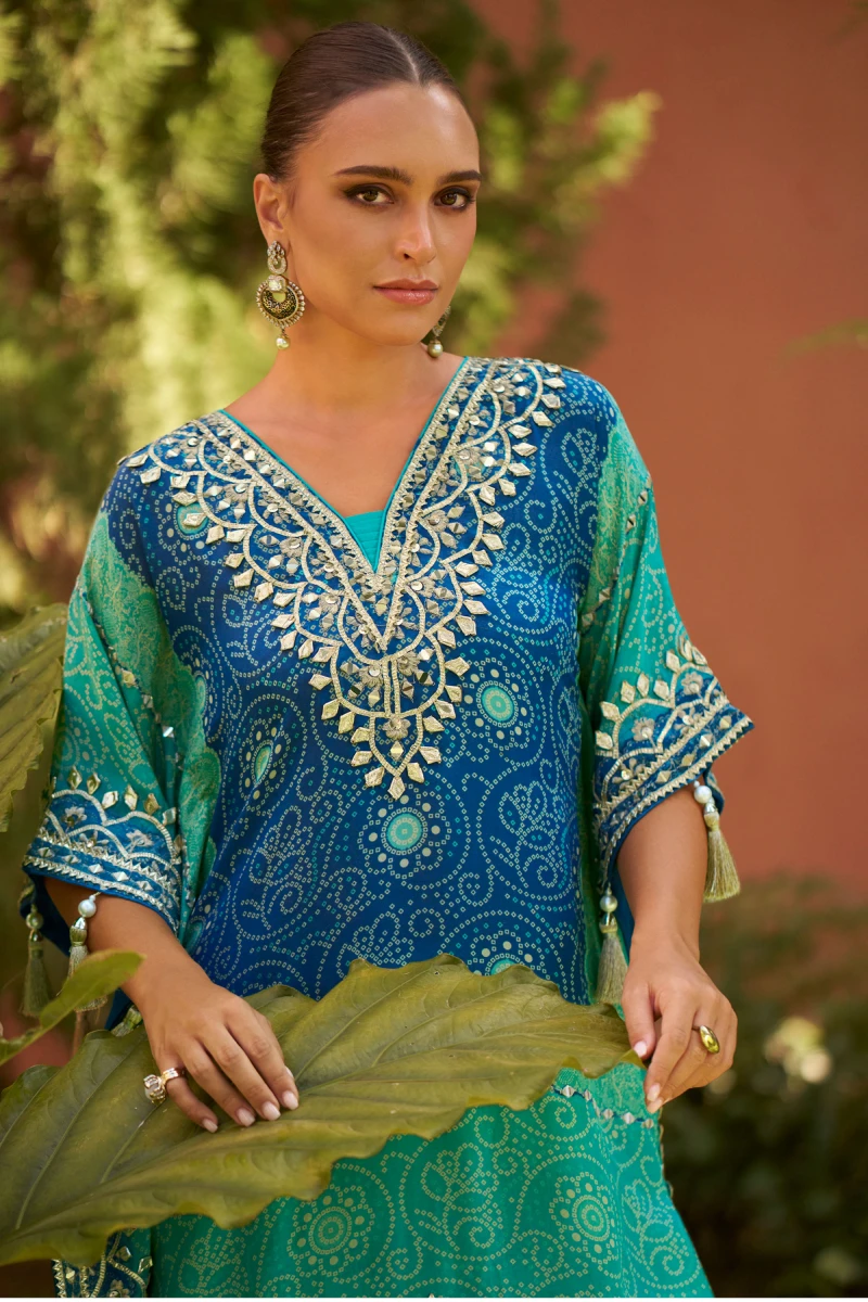 Turquoise & Blue Chinnon Silk Kaftan Gharara Set with Embroidery