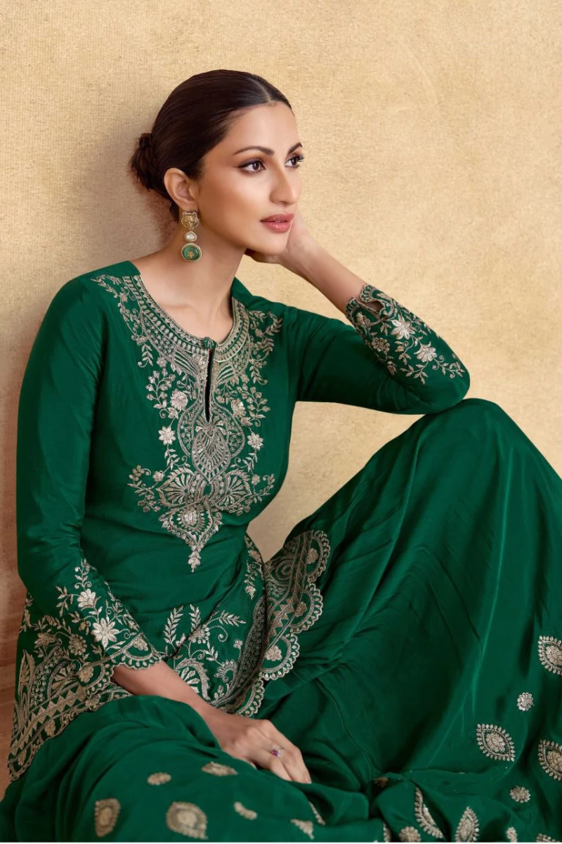 Green Chinon Silk Embroidered Palazzo Suit with Net Dupatta