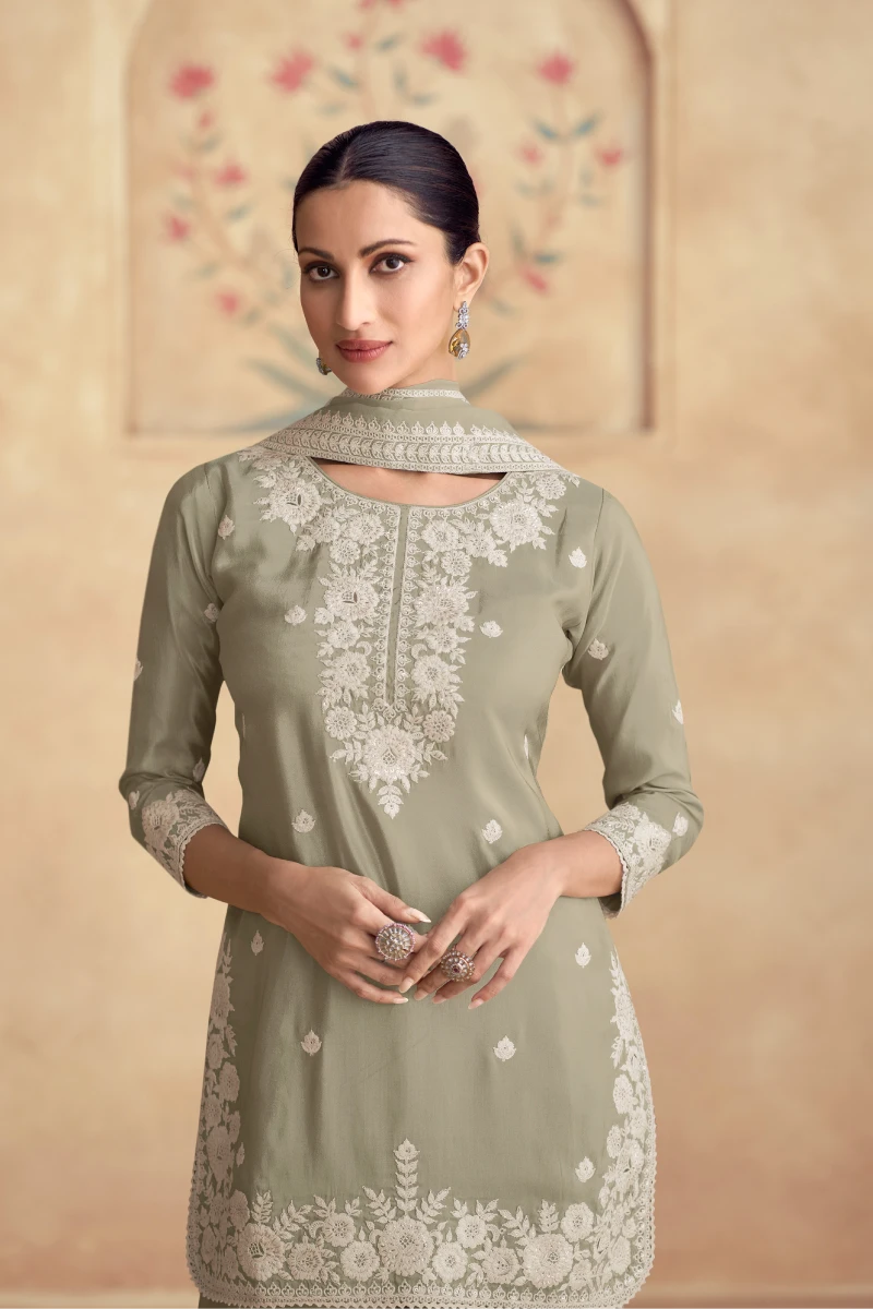 Dusty Green Simar Silk Sharara Suit with Embroidery & Sequins