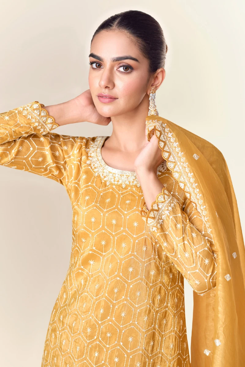 Mustard Tissue Crush Palazzo Suit with Embroidery & Sequins