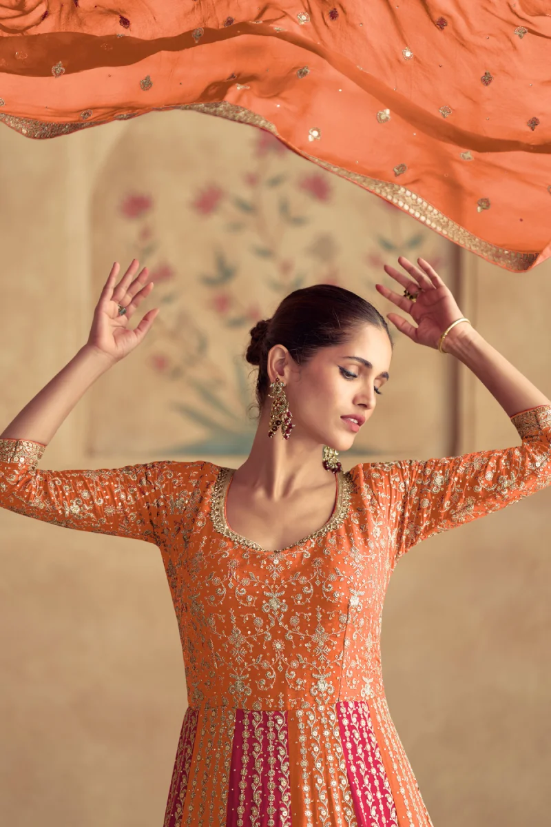 Orange & Pink Georgette Gown with Embroidery & Sequins
