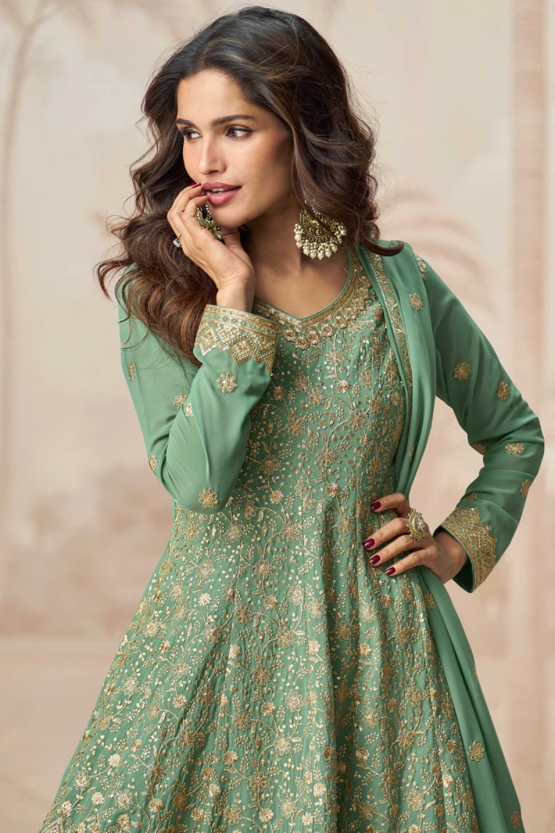 Sea Green Georgette Palazzo Suit with Zari Embroidery & Sequins