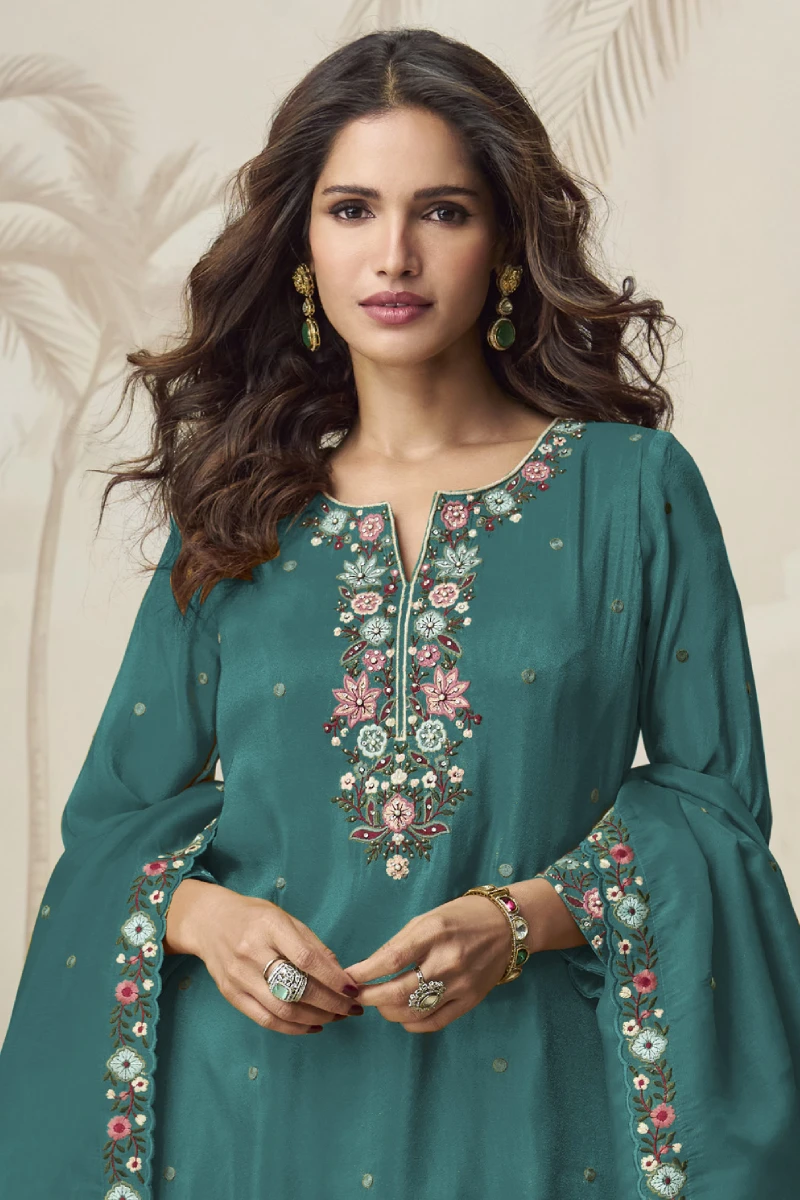 Green Embroidered Simar Palazzo Suit with Dupatta