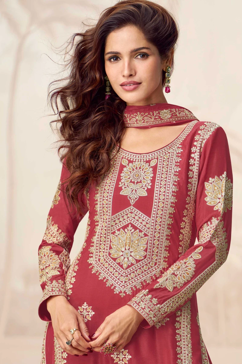 Rust Embroidered Chinnon Silk Palazzo Suit