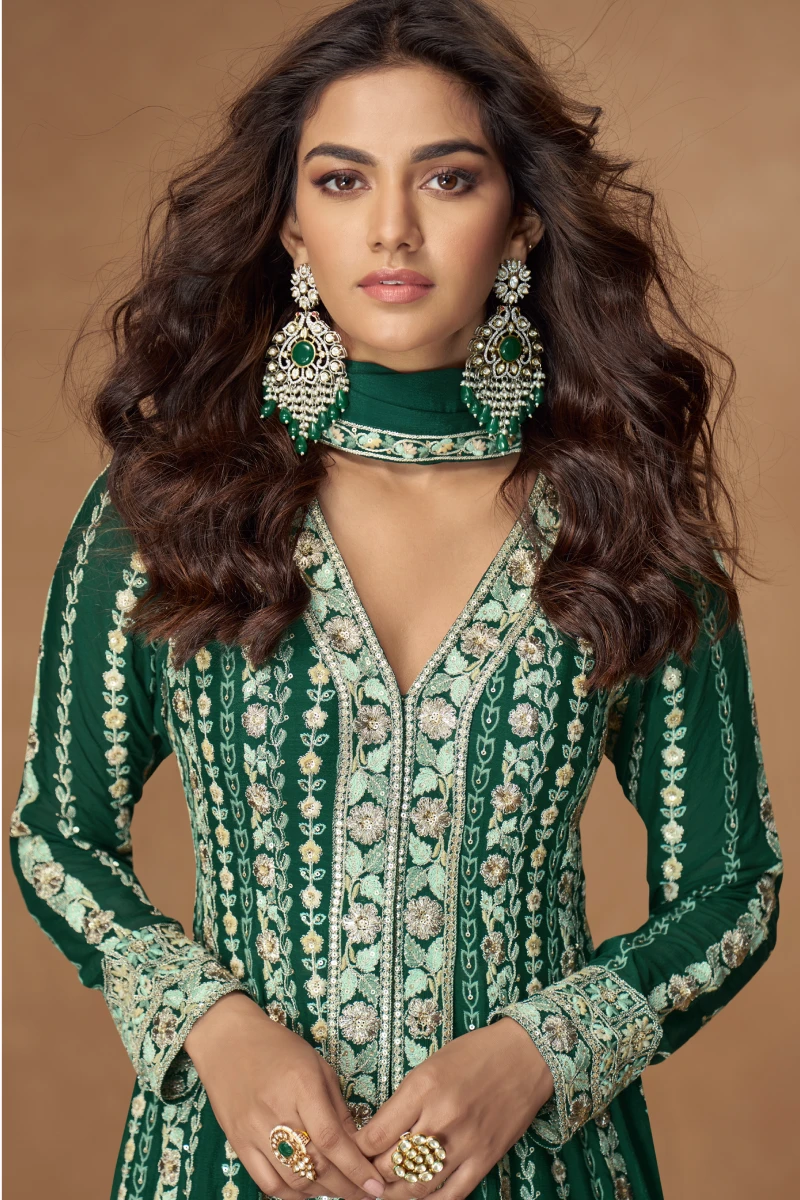 Green Long Jacket Style Palazzo Suit with Dupatta