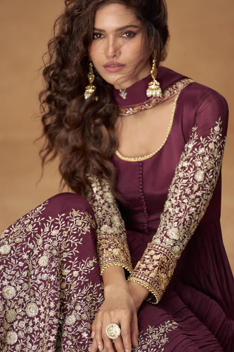 Maroon Chinon Embroidered Long Anarkali Gown with Dupatta