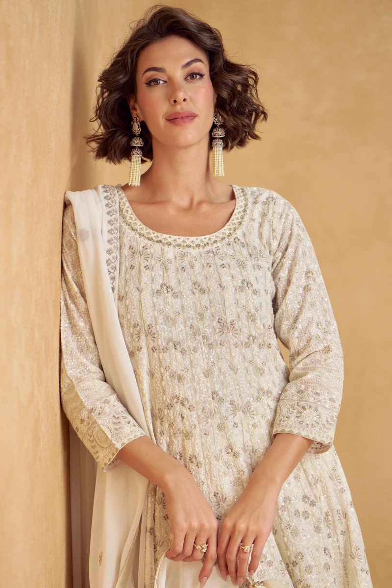 Beige Georgette Anarkali with Palazzo and Dupatta