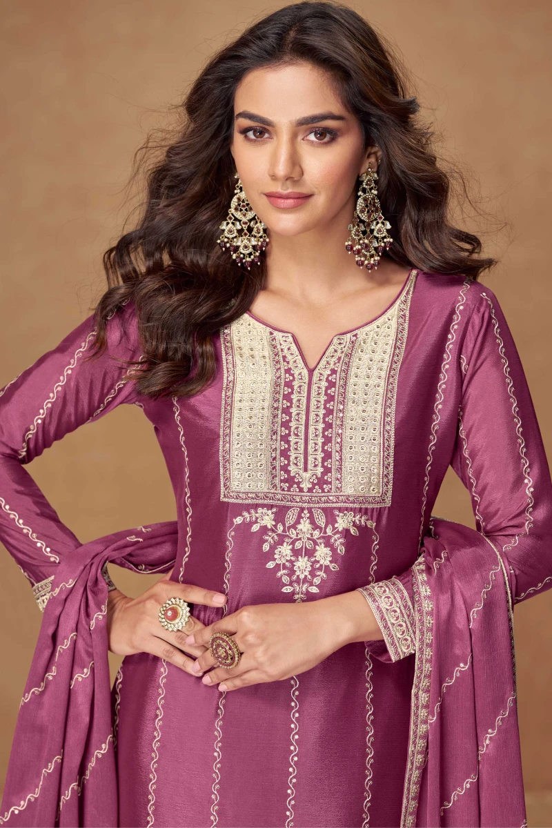 Purple Chinnon Silk Embroidered Salwar Suit with Palazzo