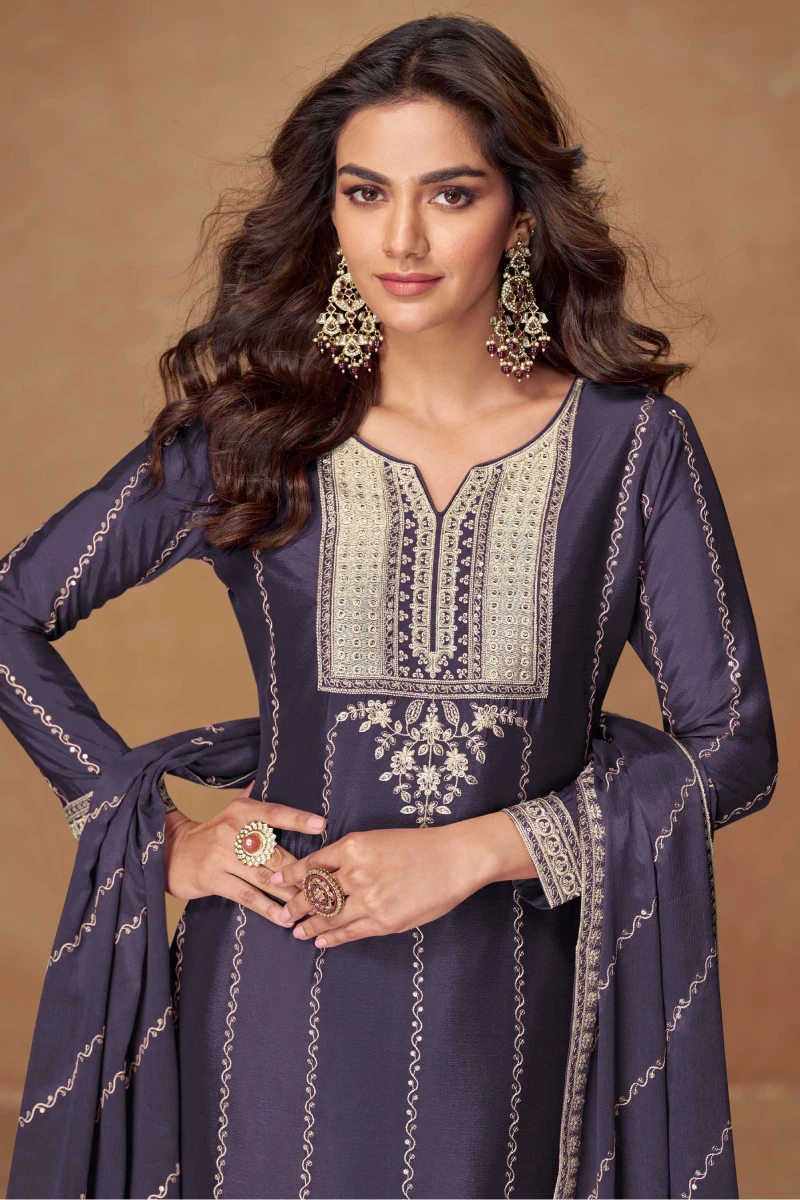 Steel Blue Chinnon Silk Embroidered Salwar Suit with Palazzo