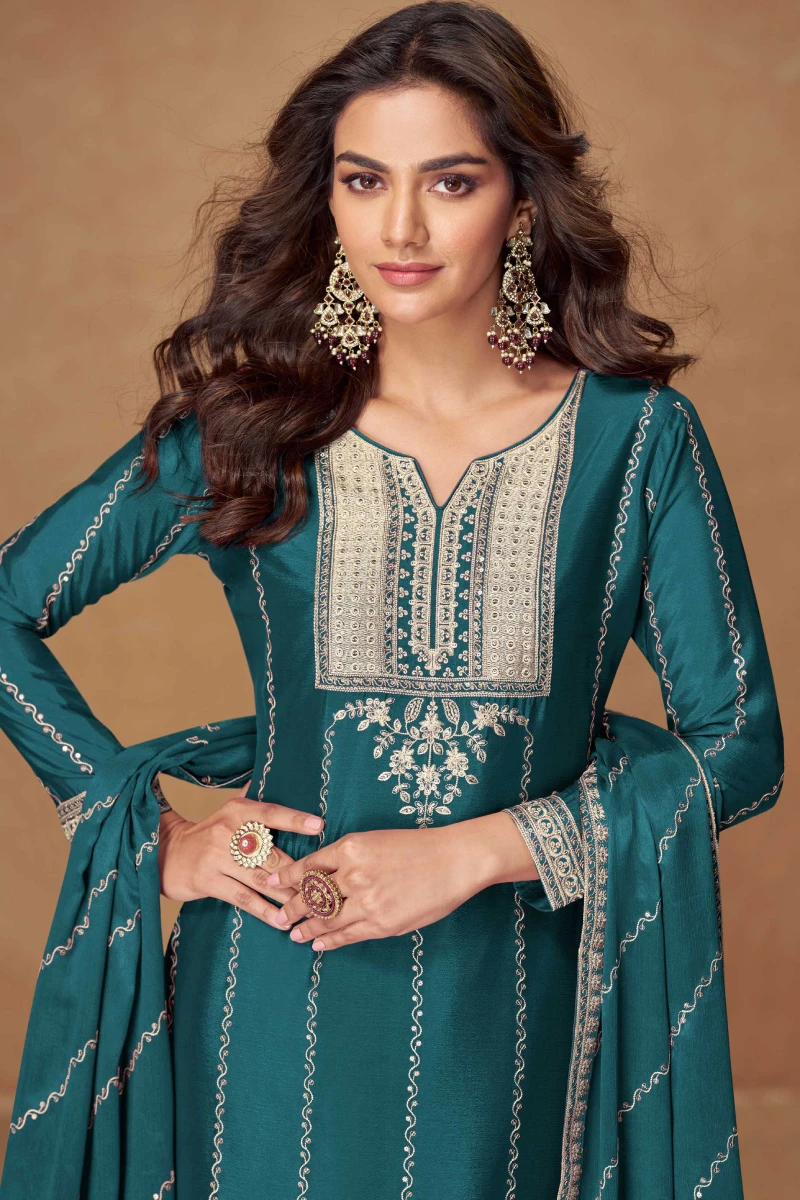 Teal Blue Chinnon Silk Embroidered Salwar Suit with Palazzo