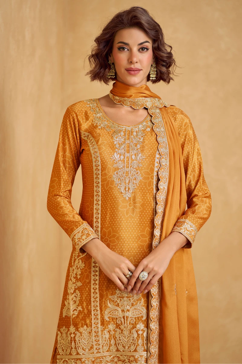 Mustard Embroidered Chinon Silk Palazzo Suit