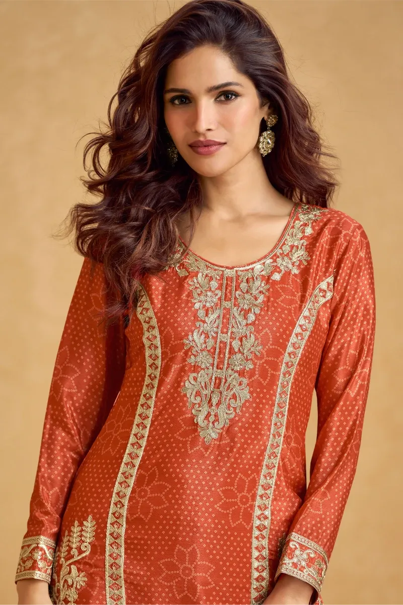Orange Embroidered Chinon Silk Palazzo Suit