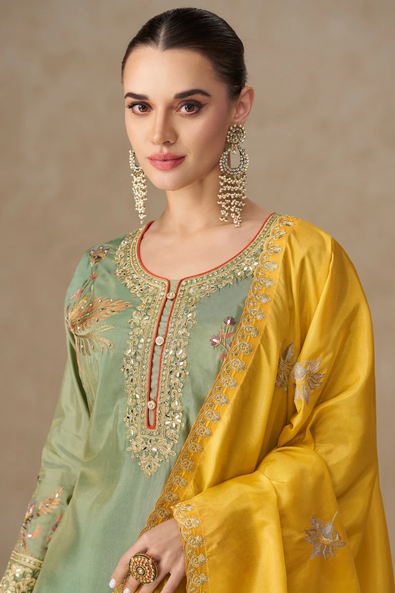 Olive Green Simar Silk Embroidered Palazzo Suit with Dupatta