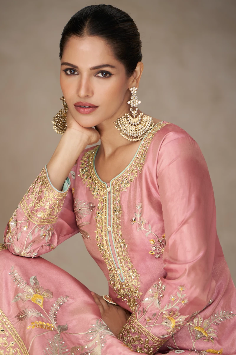 Peach Simar Silk Embroidered Palazzo Suit with Dupatta