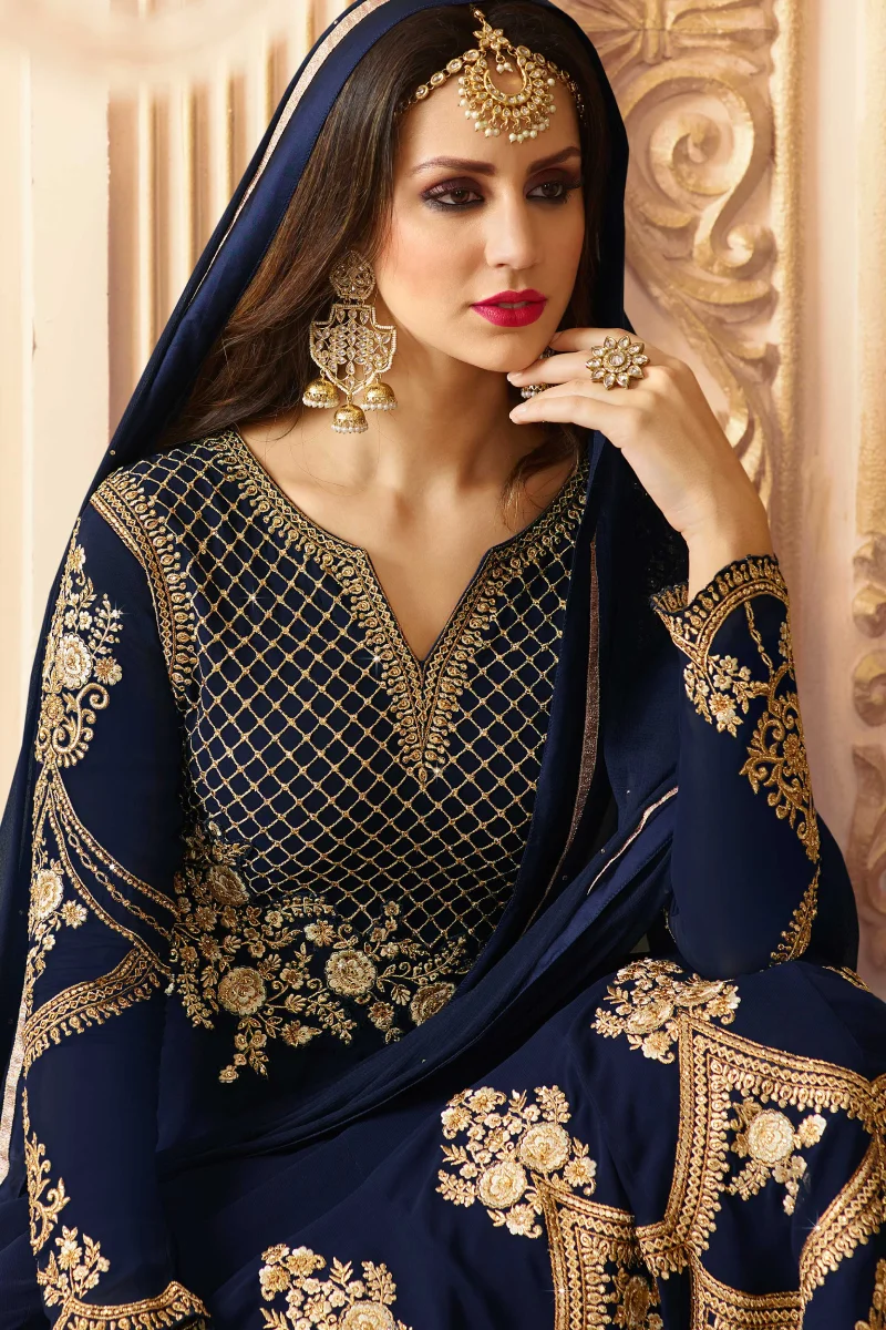 Blue Georgette Anarkali Suit with Zari & Diamond Work