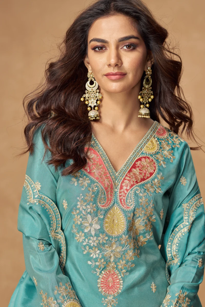 Turquoise Simar Silk Embroidered Palazzo Suit with Dupatta