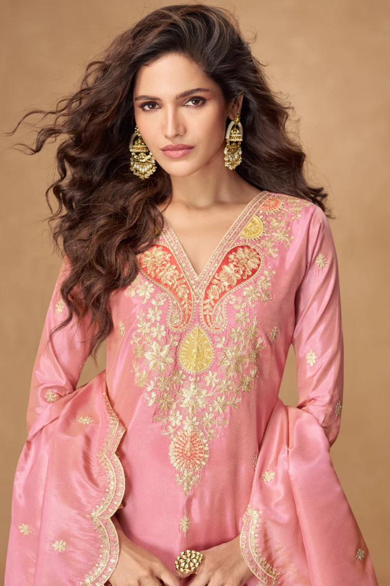 Peach Simar Silk Embroidered Palazzo Suit with Dupatta