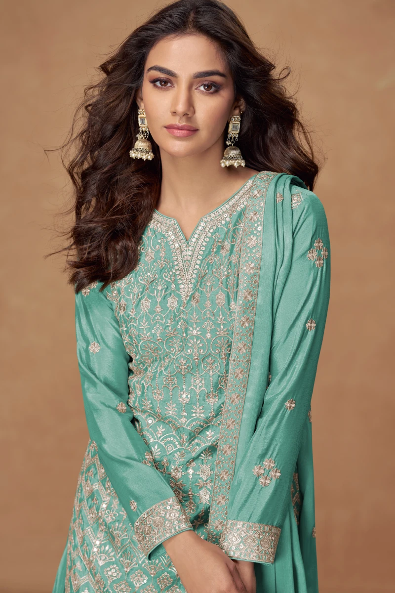 Sea Green Chinon Embroidered Palazzo Suit with Dupatta