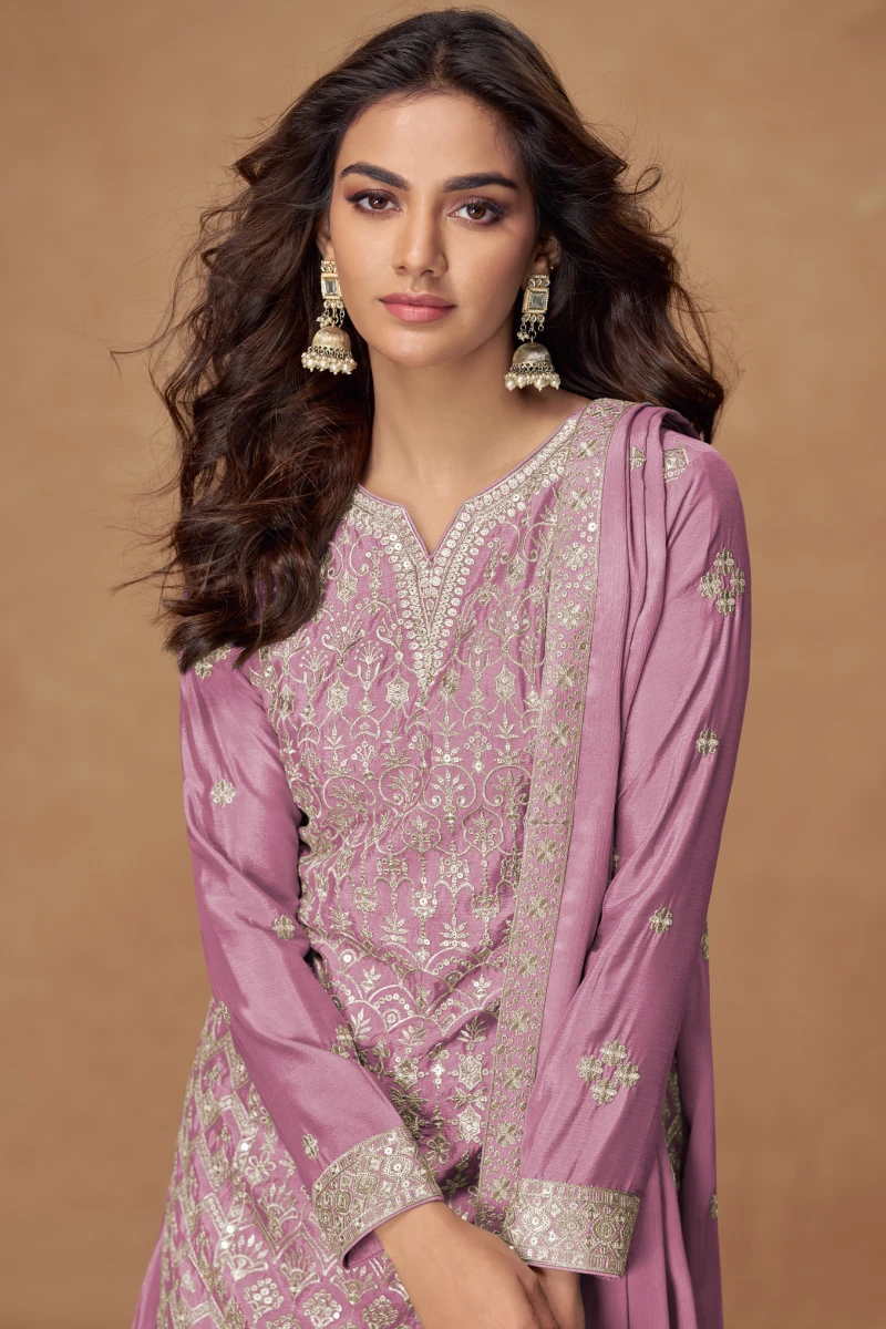 Pink Chinon Embroidered Palazzo Suit with Dupatta