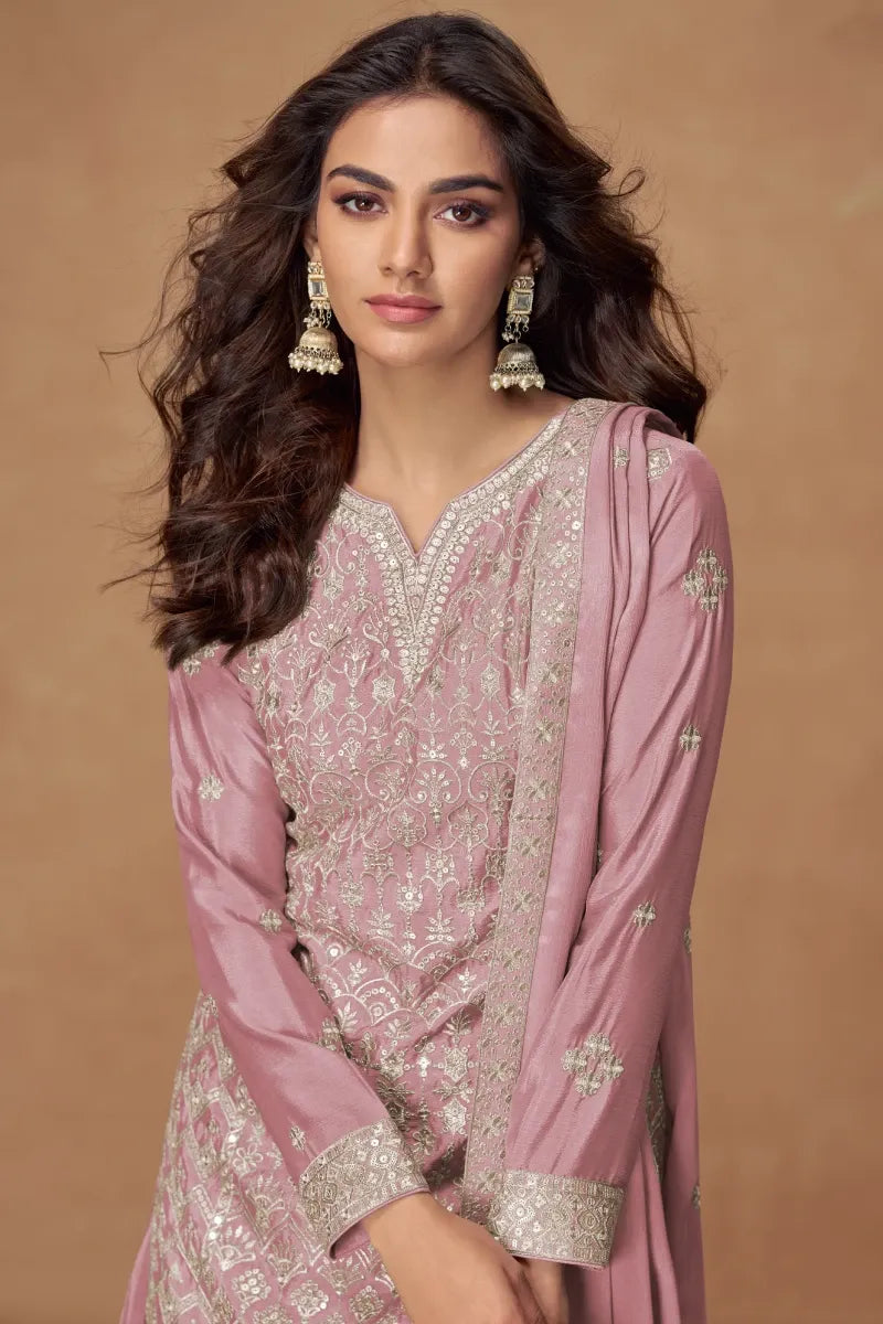 Mauve Pink Chinon Embroidered Palazzo Suit with Dupatta