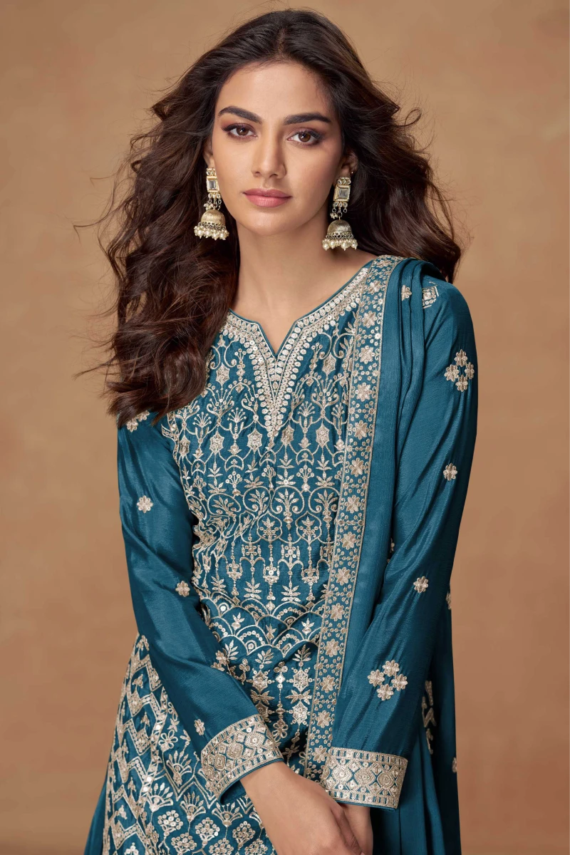 Blue Chinnon Silk Embroidered Straight Kurti Set with Palazzo and Dupatta