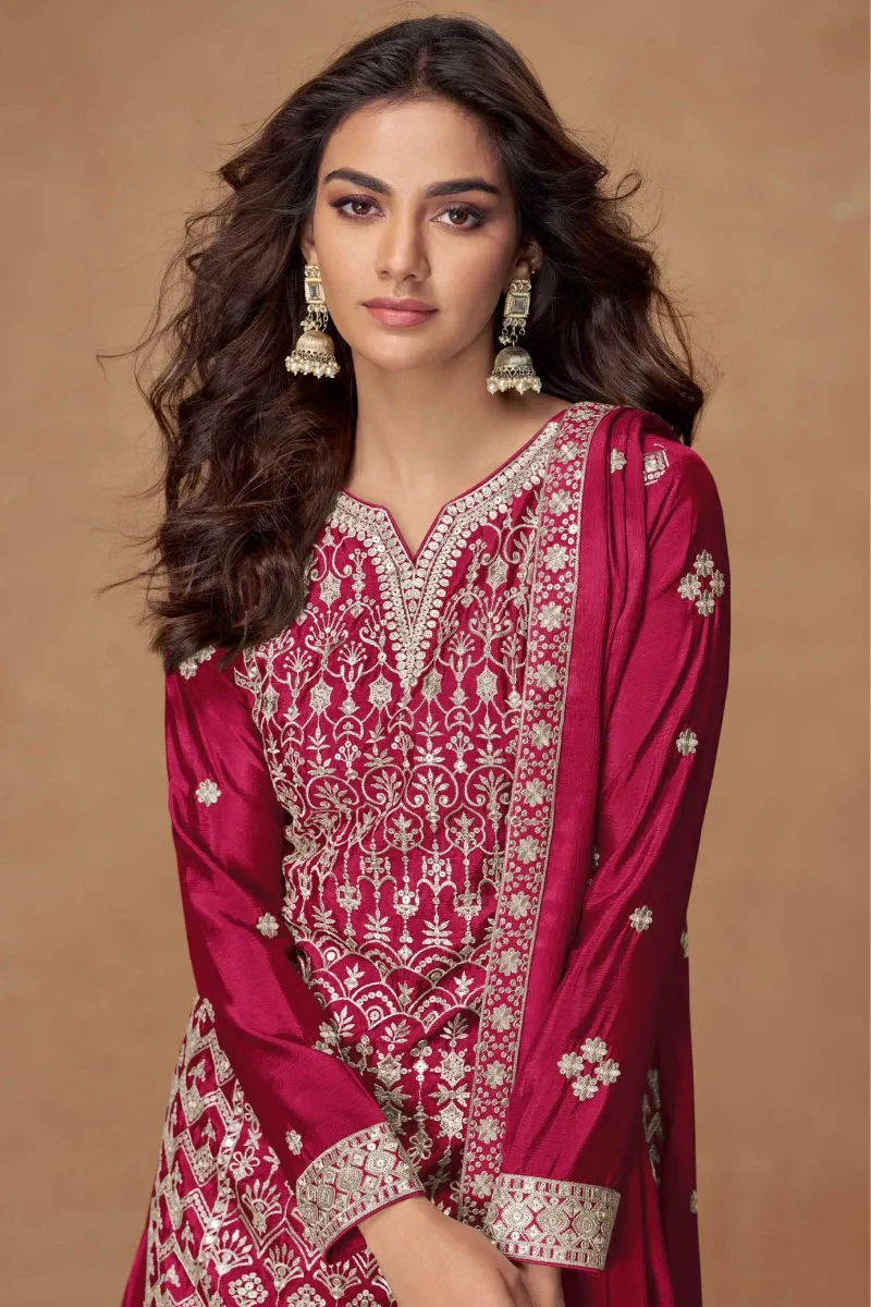 Rani Pink Chinnon Silk Embroidered Straight Kurti Set with Palazzo and Dupatta
