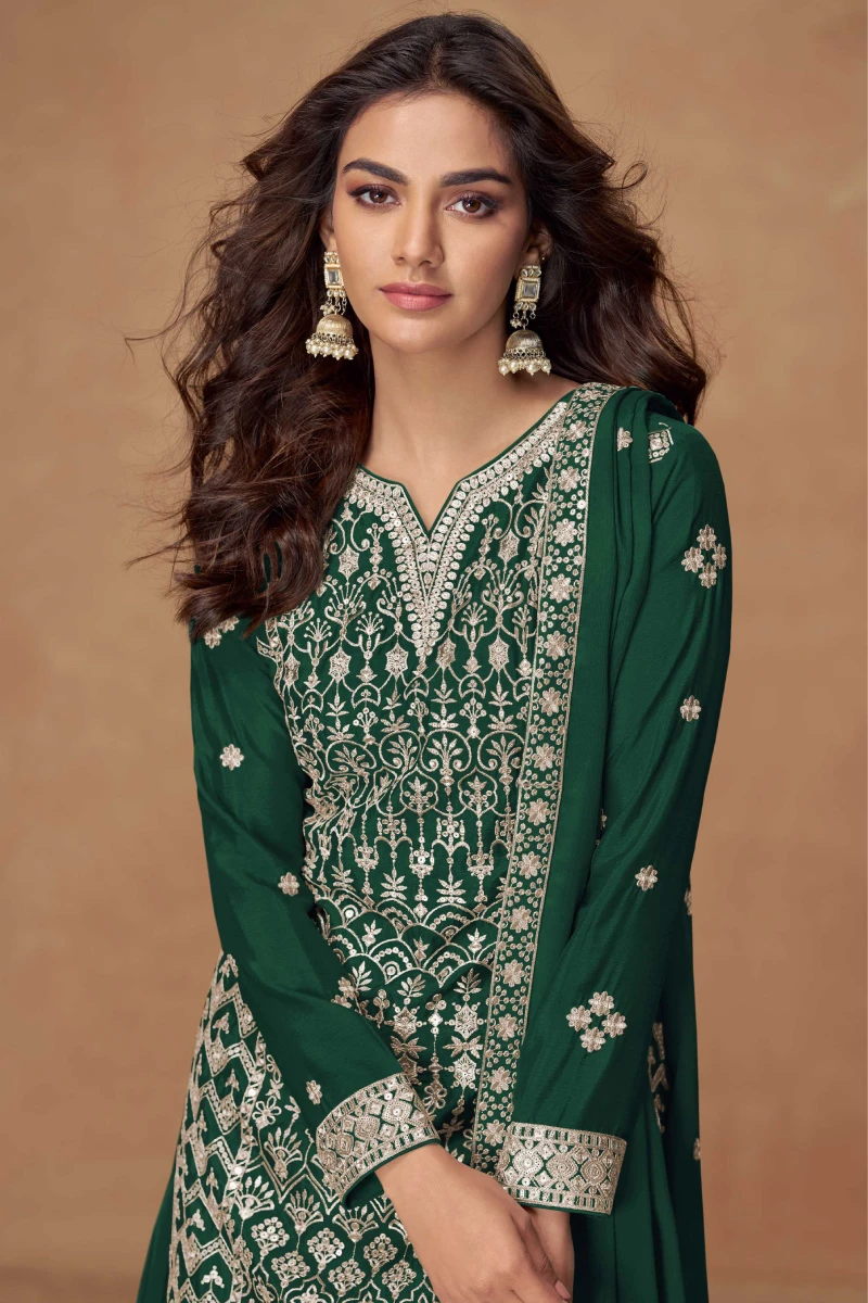 Green Chinnon Silk Embroidered Straight Kurti Set with Palazzo and Dupatta