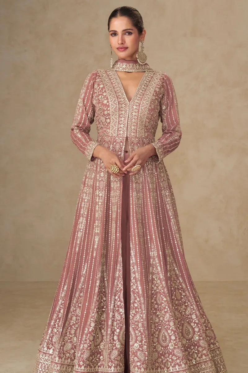 Dusty Rose Chinnon Silk Anarkali Palazzo Suit