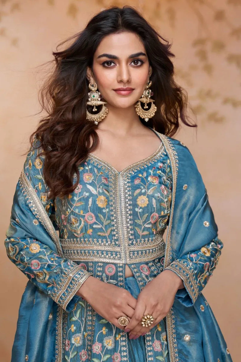 Teal Blue Silk Anarkali Palazzo Suit