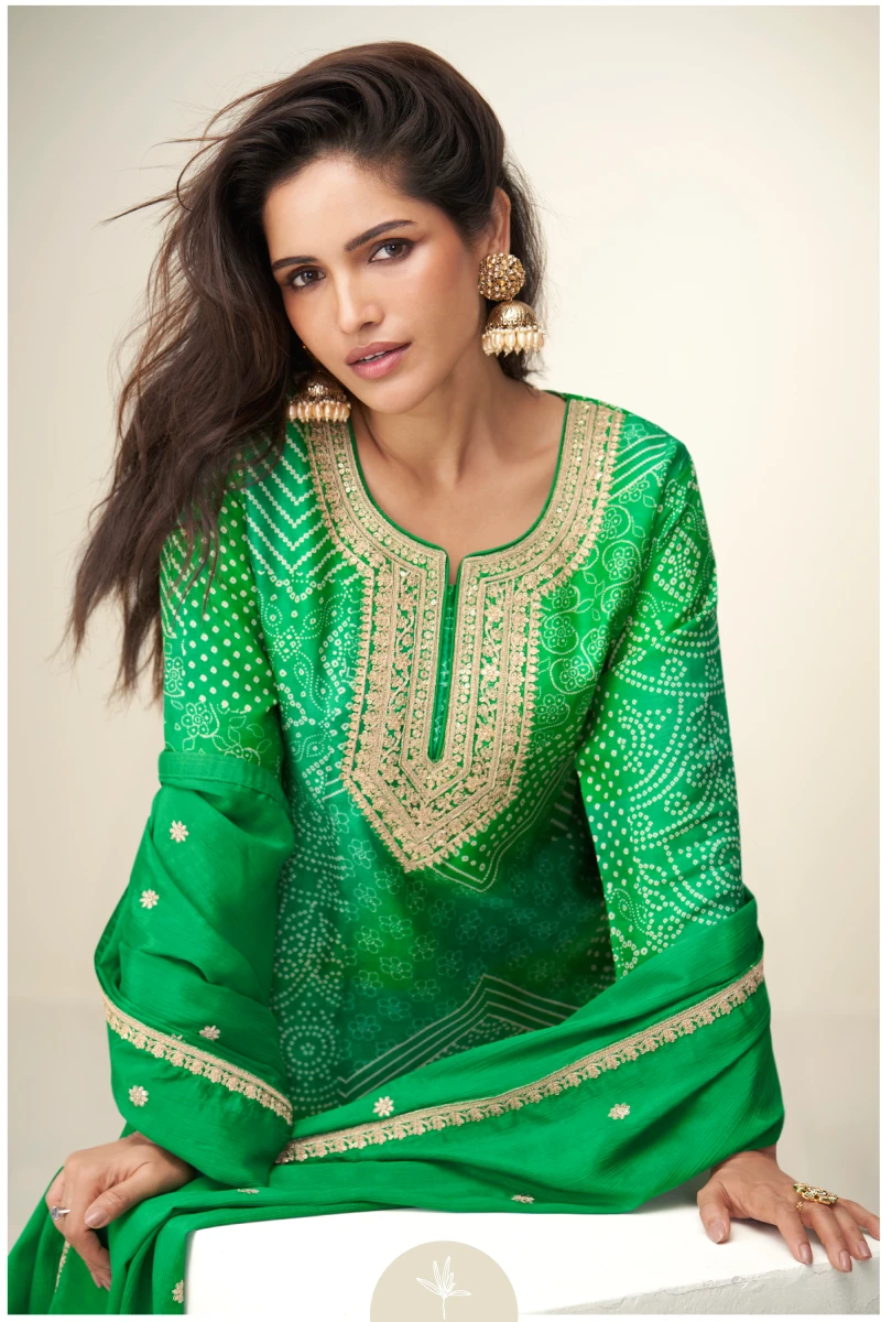 Green Chinon Bandhej Print Embroidered Sharara Suit with Dupatta