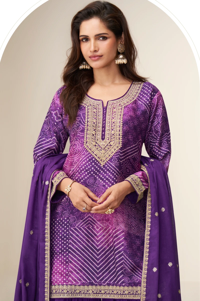 Purple Chinon Embroidered Bandhej Sharara Suit with Dupatta