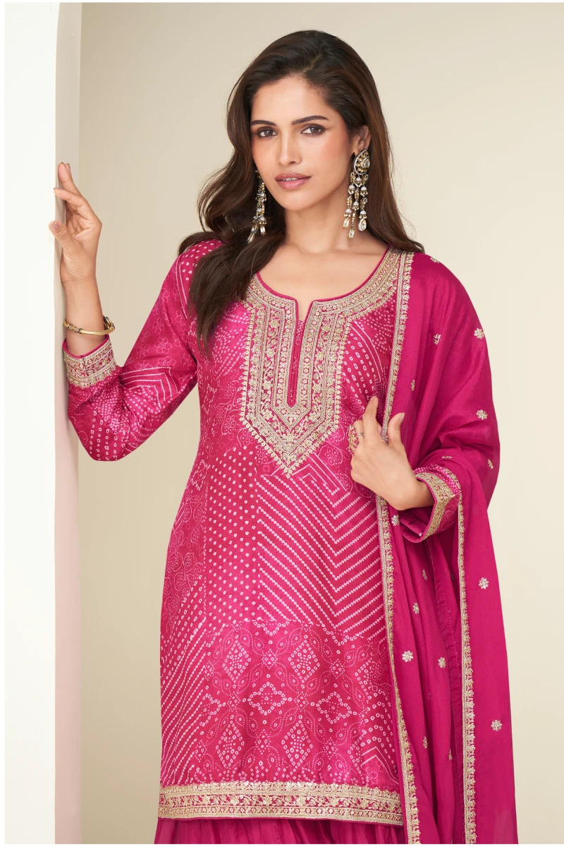 Pink Chinon Bandhej Print Embroidered Sharara Set with Dupatta