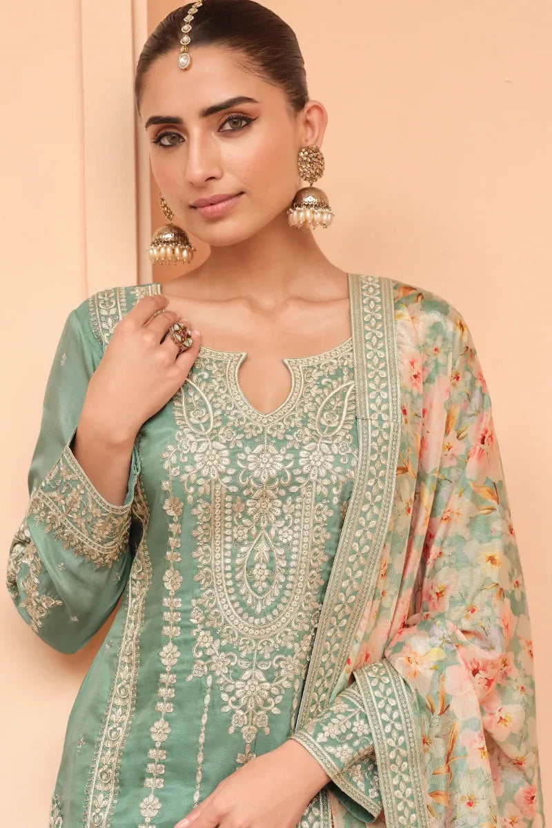 Green Simar Silk Palazzo Suit with Dupatta