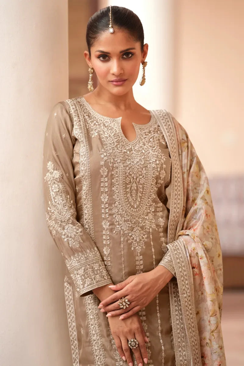 Beige Simar Silk Palazzo Suit with Dupatta