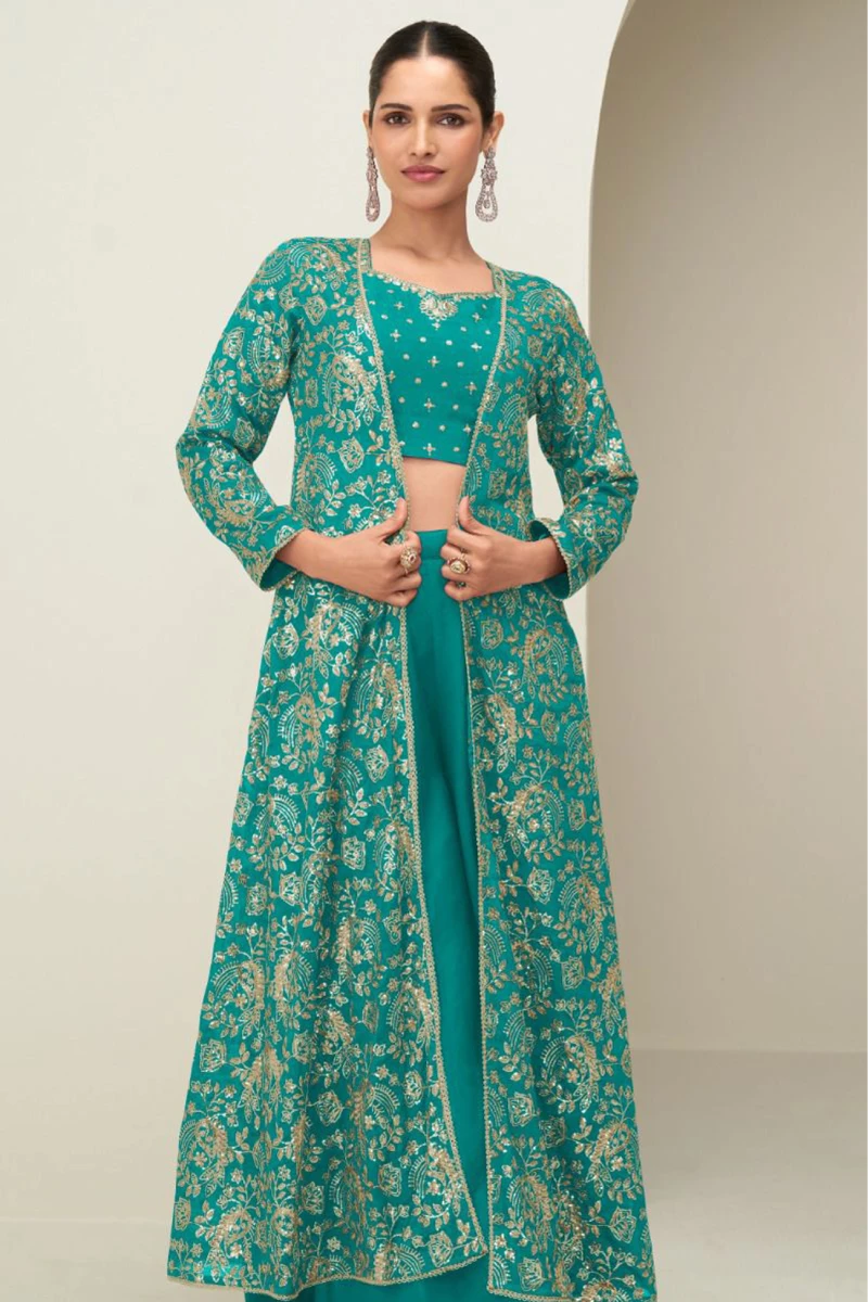 Teal Green Chinnon Silk Palazzo Suit with Embroidered Jacket