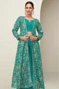 Teal Green Chinnon Silk Palazzo Suit with Embroidered Jacket