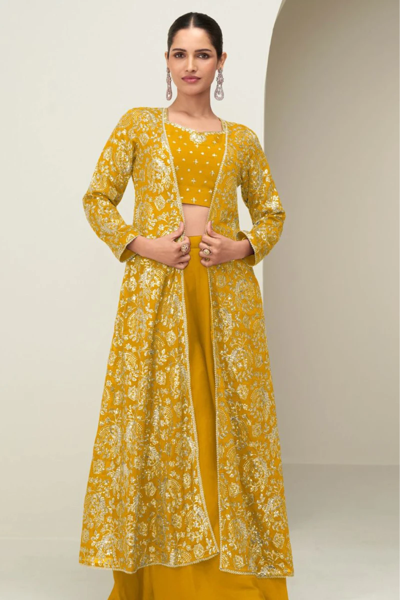 Yellow Chinnon Silk Palazzo Suit with Embroidered Jacket