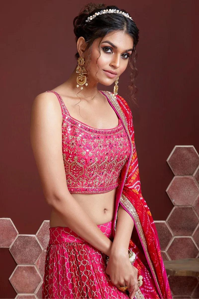 Pink Art Silk Lehenga Set with Embroidery & Print Work