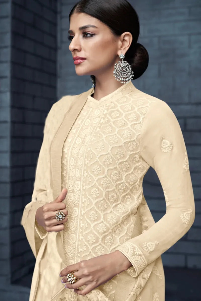Cream Pant Suit in Georgette with Embroidery, Zari, and Diamonds
